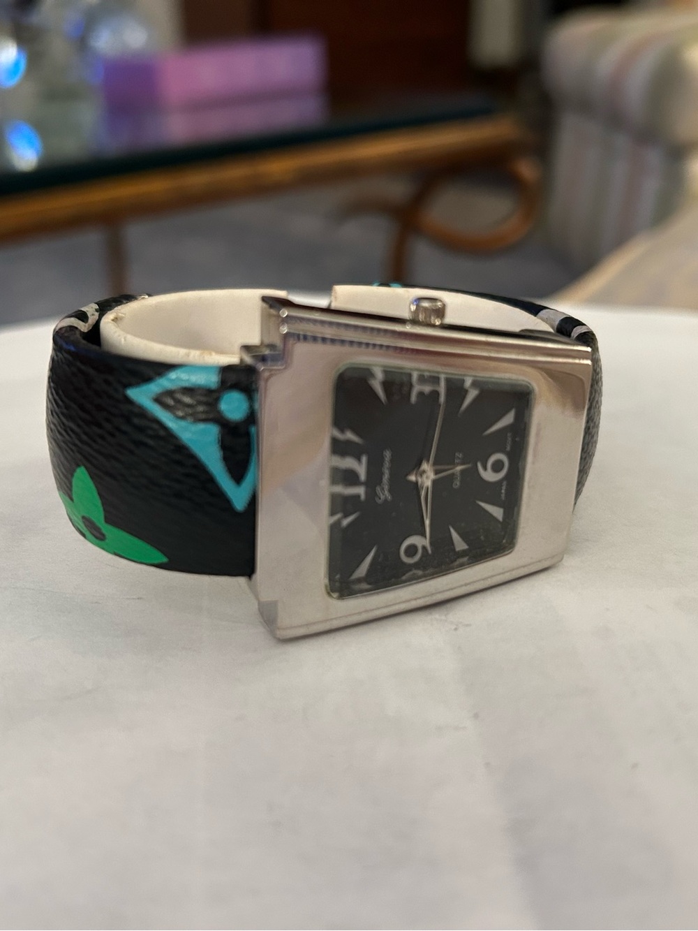 Luxury Black Leather LV Cuff Watch multicolored Detail. New Battery.